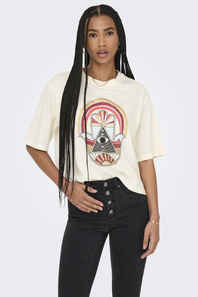 JDYCARLA S/S WASHED PRINT TOP JRS 15341561 CLOUD DANCER/ GLITTER HAND